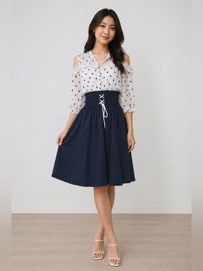 Zola Navy Blue Polka Dot 3/4 Cold Shoulder Sleeve Midi Dress 40/8